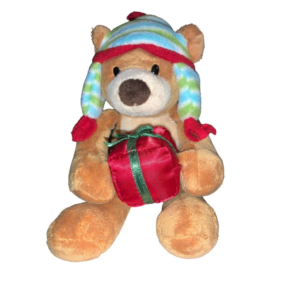 Christmas Flapdoodles Brown Plush Dog With Hat And Holiday Gift Present